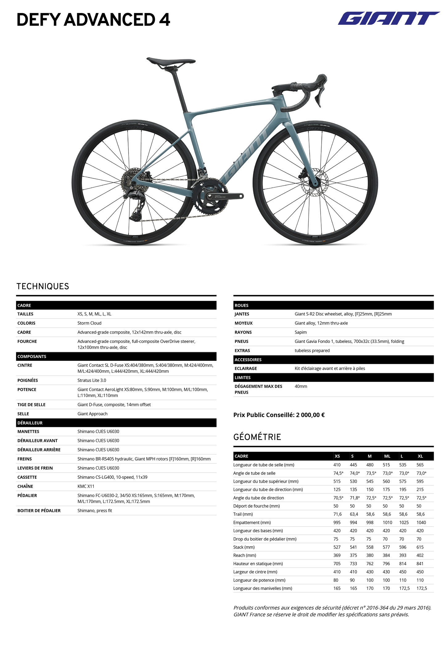 Fiche technique du velo Defy Advanced 4 année 2027